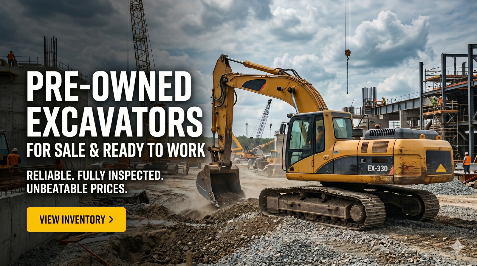 A dynamic promotional banner image displaying a line of carefully maintained pre-owned used excavators, showcasing brands like Komatsu and Caterpillar, parked in a large construction equipment yard with a text overlay 'SALE: RELIABLE USED EXCAVATORS'