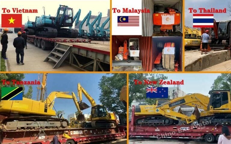 Multiple inspected used excavators loaded on flatbed trailers for global export to Vietnam, Malaysia, Thailand, Tanzania, and New Zealand.